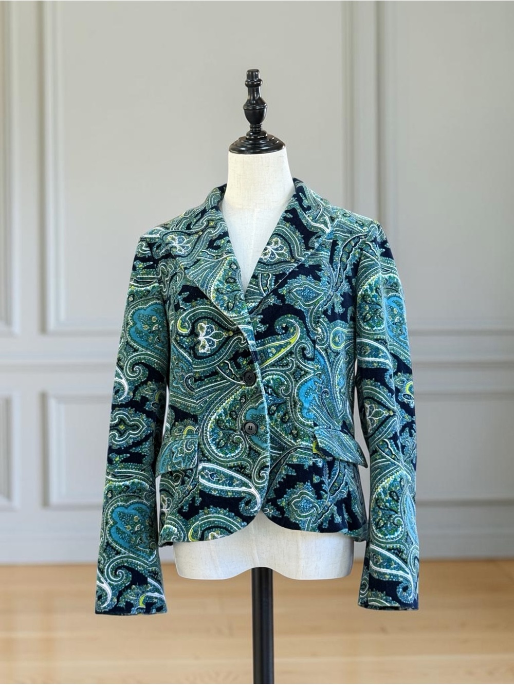 Talbots Blue Green Paisley Velvet Stretch Blazer Jacket Size 8 Scotty Dog Print